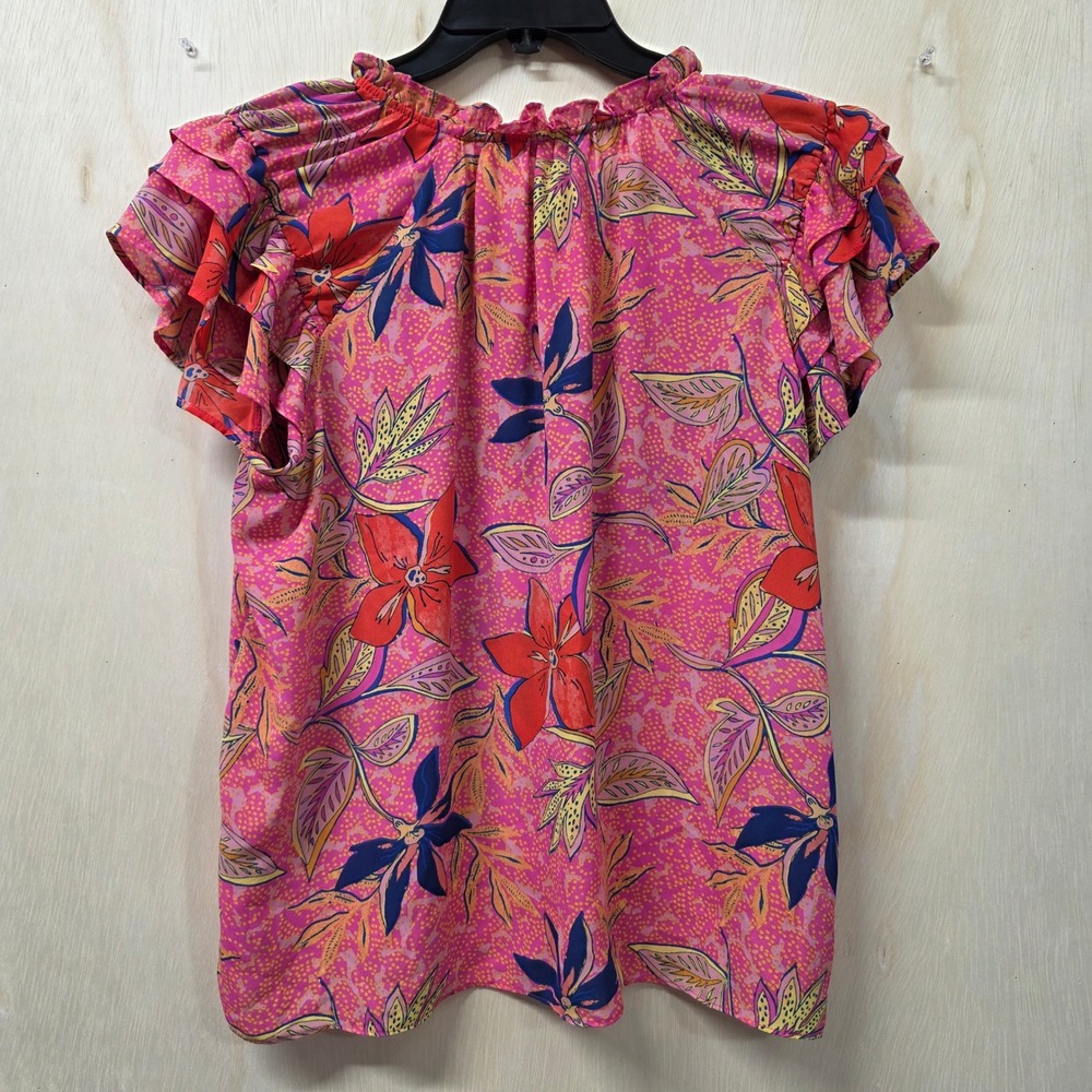 Rose + Olive Pink Floral Ruffle Neck Tassel Blouse Large Flutter Sleeve Top - Picture 3 of 10